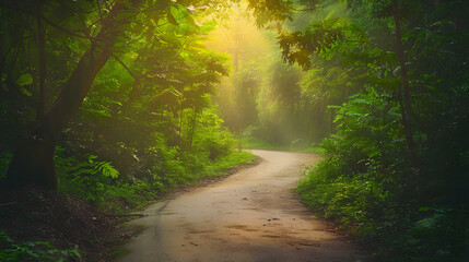 Obraz premium Beautiful path to explore national park Wild nature with green high trees and foliage Alternative eco friendly tourism lifestyle concept vacation destination Environment and nature car : Generative AI