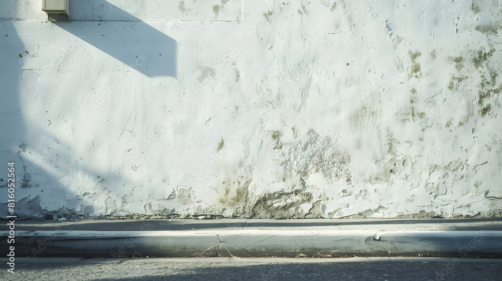 Poster white weathered surrounding wall with white building on behind sidewalk and asphalt road in front ba