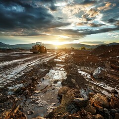Obraz premium A tractor is driving through a muddy field