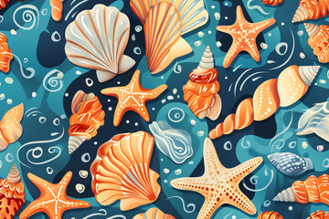 Sea shells and starfish in various shapes and sizes on blue background
