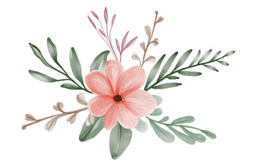 Watercolor flowers and leaves isolated on transparent PNG background, Attractive decorative flowers