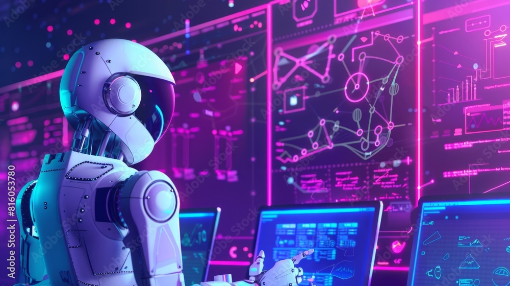 Poster a robot is actively engaged in front of a computer screen, displaying data and processing informatio