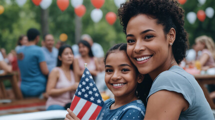Mother, daughter holding American flag, smiling, hugging, celebration of US Independence day in garden, yard, outdoors, 4th of July, national holiday of freedom, patriotic