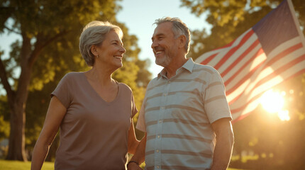 Senior couple standing in front of American flag, smiling, celebration of US Independence day, nature, outdoors backgroud, 4th of July, national holiday of freedom, patriotic