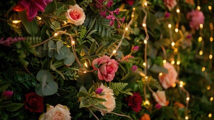 Floral Arrangement with Twig Lights on a Verdant Backdrop