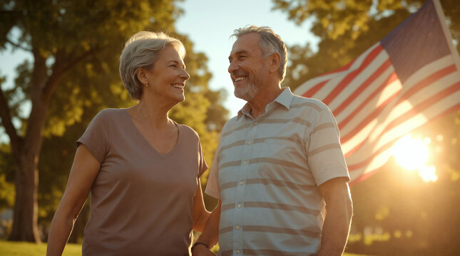 Senior couple standing in front of American flag, smiling, celebration of US Independence day, nature, outdoors backgroud, 4th of July, national holiday of freedom, patriotic - Powered by Adobe