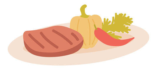 Barbeque steak dish in flat design. Picnic plate with grilled meat and peppers. Vector illustration isolated.