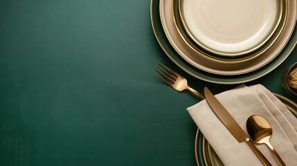 Chic dining table setting for a special occasion. Empty plates and gold cutlery on a dark green background, with a beige napkin. Perfect for a restaurant menu or card template.