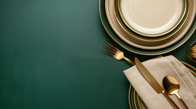 Chic dining table setting for a special occasion. Empty plates and gold cutlery on a dark green background, with a beige napkin. Perfect for a restaurant menu or card template.