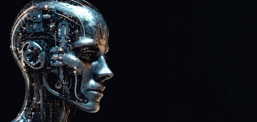 Artificial intelligence, composition of a chrome cyborg robot on a dark background, isolate. AI generated.