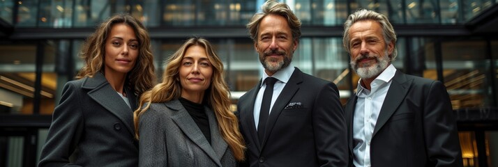 Fototapeta premium Business leaders and colleagues showcase teamwork at an indoor meeting during a high-profile event.