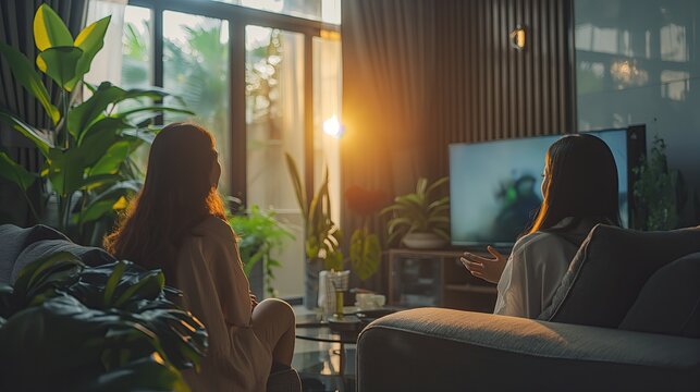 Two friends enjoy a relaxed evening chat in a warmly lit living room with a TV and stylish decor..
