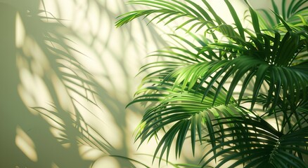 Soft light filters through the lush green foliage of palm leaves, portraying a serene and tranquil greenery environment