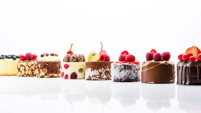 Various bakery cakes with fruit and chocolate, cream, white background, isolation. AI generated.