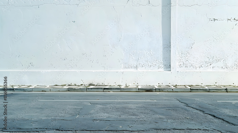 Leinwandbilder white weathered surrounding wall with white building on behind sidewalk and asphalt road in front ba