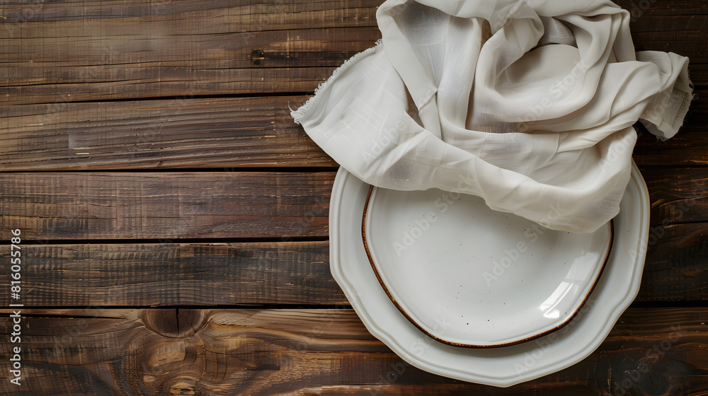 Poster Empty plate and linen napkin on brown wooden background Copy space Top view  Image : Generative AI