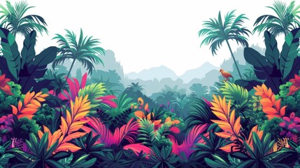 Tropical jungle flat design side view rainforest adventure cartoon drawing Analogous Color Scheme