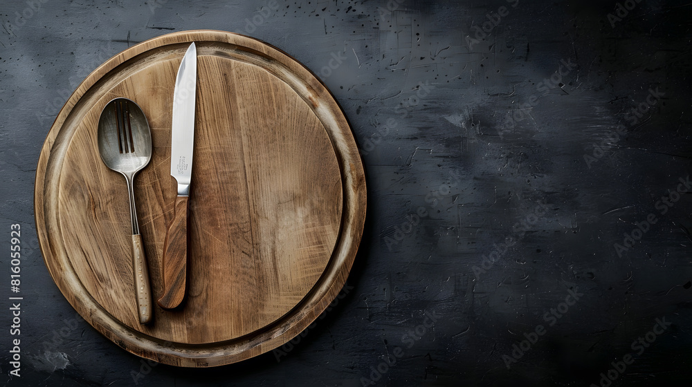 Aufkleber an empty plate with a knife fork or spoon with a wooden cutting board on a dark concrete background 