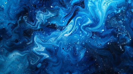 Blue paint swirls and splatters create a vibrant, abstract background.