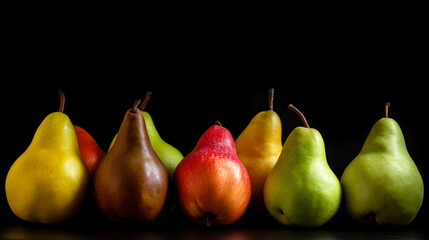Different varieties of pears in a row, fresh fruits, black background isolate. AI generated.