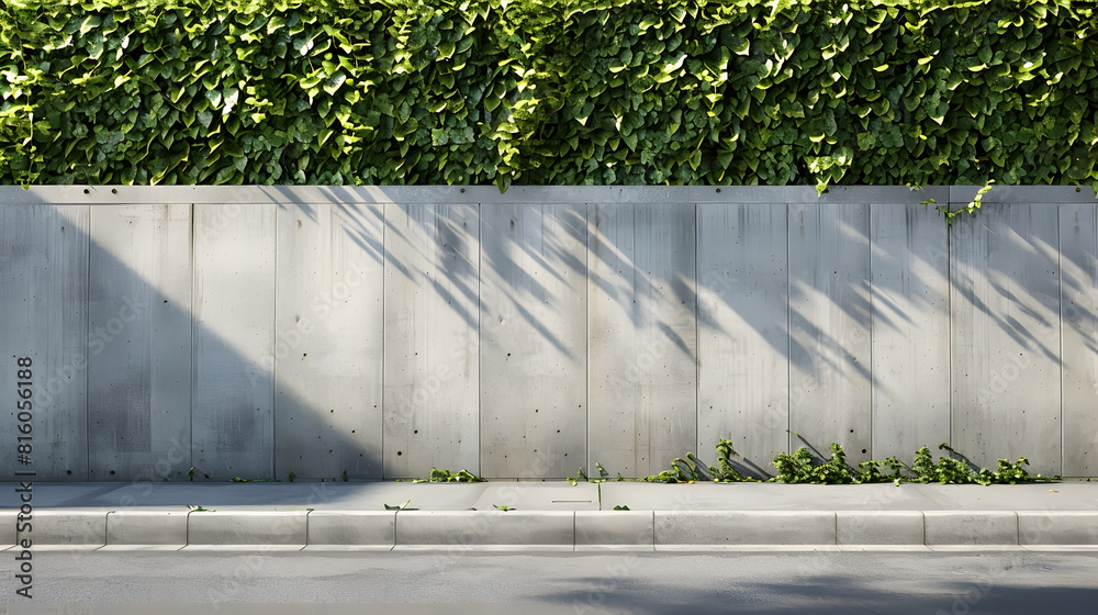 Poster House fence consisting by a long concrete rectangle block wall and a hedge above Cement sidewalk and asphalt street in front Background for copy space : Generative AI