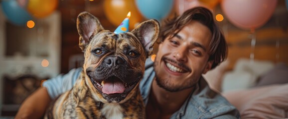 A Man Sitting With His Cute Dog, Celebrating Its Birthday With Handmade Decorations, Birthday Background