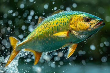 Mahi-Mahi Dorado leaping out of the water, perfect for sport fishing promotions. 