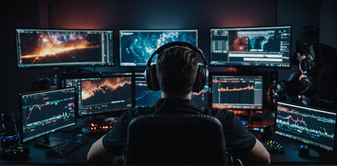 People streaming while playing games with their headsets on Surrounded by gaming peripherals Playing games as a hobby and trading stocks, graphs.