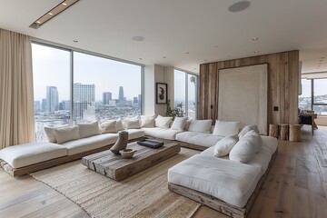 Open and airy modern living room design with large sectional sofa, natural textures, and panoramic view of palm trees..