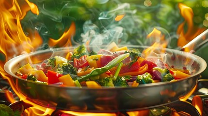 Colorful vegetables sizzling in a stainless steel pan over a flaming stove against a green background.