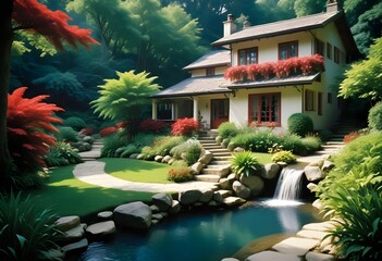 country side local house, outdoor sitting lounge,  neat gardens, small river, waterfall, forest...