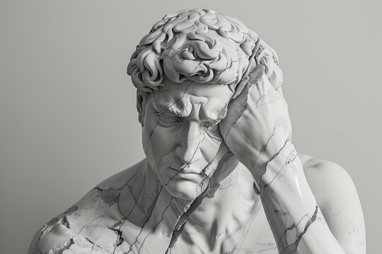 Artistic representation of a marble statue with visible cracks, embodying despair and deep thought