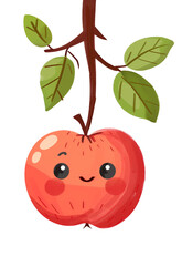 A red apple hanging on a tree, a cartoon smiling apple, a simple color illustration. PNG file