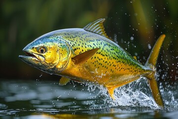 Fototapeta premium Mahi-Mahi Dorado leaping out of the water, perfect for sport fishing promotions. 