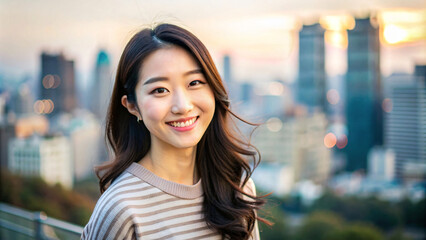 photo of a Korean woman in a pantsuit walking confidently down a city street
