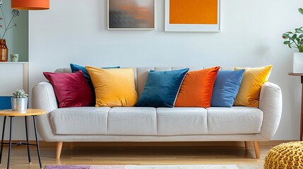 Cozy couch with vibrant cushions adorns the living area.
