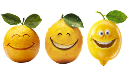 Set of 3 lemon, funny lemon cartoon character isolated on white background, fruit smiling face. PNG file