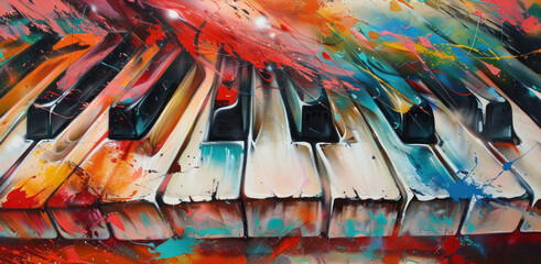 Big keys of a piano painted with airbrush on colorful wall on the street, street art