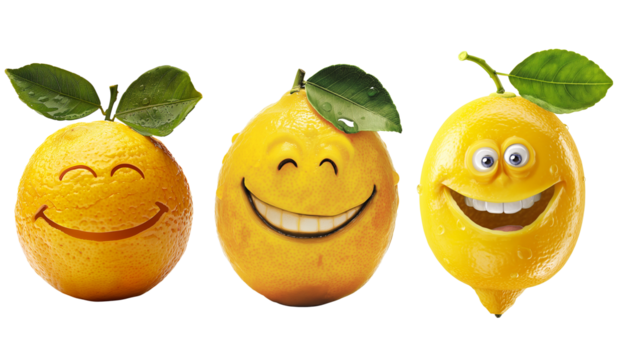 Set of 3 lemon, funny lemon cartoon character isolated on white background, fruit smiling face. PNG file