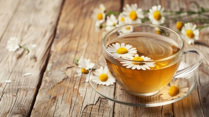 Delicious chamomile tea in glass cup on wooden table