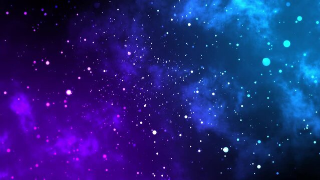 3D Animation of a swarm of glowing fireflies flying around over a black background with purple and blue smoke in 4K.