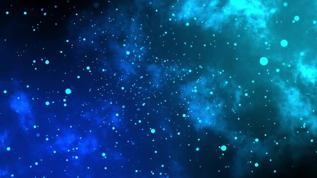 3D Animation of a swarm of glowing fireflies flying around over a black background with purple and blue smoke in 4K.