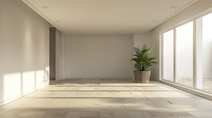 Digital artwork of a modern, empty room with a minimalist design.