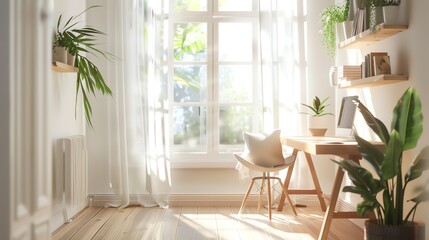 Scandinavianinspired home office, bright and airy with natural wood and plants Fantasy, Pastel, Watercolor, Features large windows, a cozy reading nook, and soft, flowing curtains
