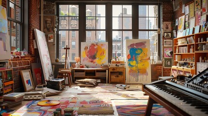 Spacious artist s loft workspace with scattered paint supplies and large canvases Pop Art