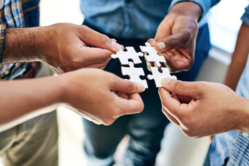 Puzzle, business and hands for collaboration, planning and teamwork for hope and goals. Partnership, connection and trust for company, solutions and vision for support, idea and investment for people