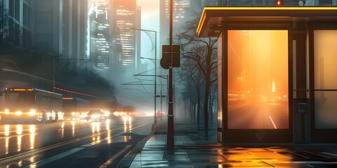 Empty billboard at a city bus stop with a modern cityscape in the background for marketing purposes. Concept Billboard Advertising, City Bus Stop, Modern Cityscape, Marketing Strategies
