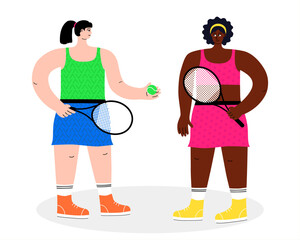 A vibrant illustration featuring two active women about to play tennis. The illustration is hand-drawn and created in a flat vector style to depict people. Isolated on a white background.