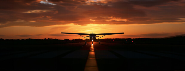 A panoramic wide angle photo of a fixed wing cessna style light aircraft on the runway at dusk or dawn. The plane is dramatically silhouetted against an orange sky with dramatic clouds. Low angle taxi
