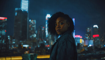 Obraz premium photo of beautiful adult african woman with hood coat standing posing for picture at night future city, generative AI